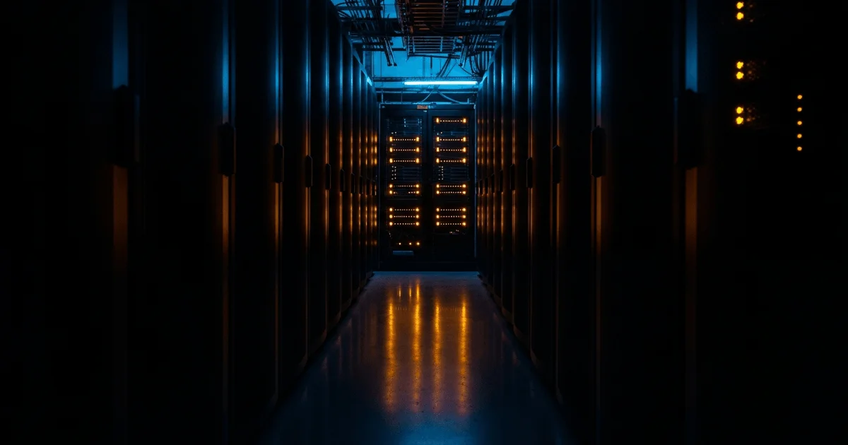 Server room corridor at night with rows of dark equipment racks and amber indicator lights