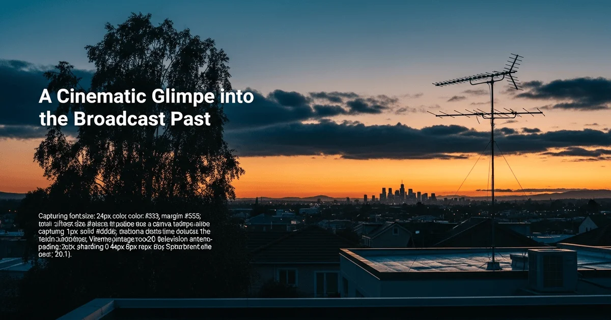 Vintage rooftop television antenna silhouetted against a dramatic dusk sky over suburban rooftops