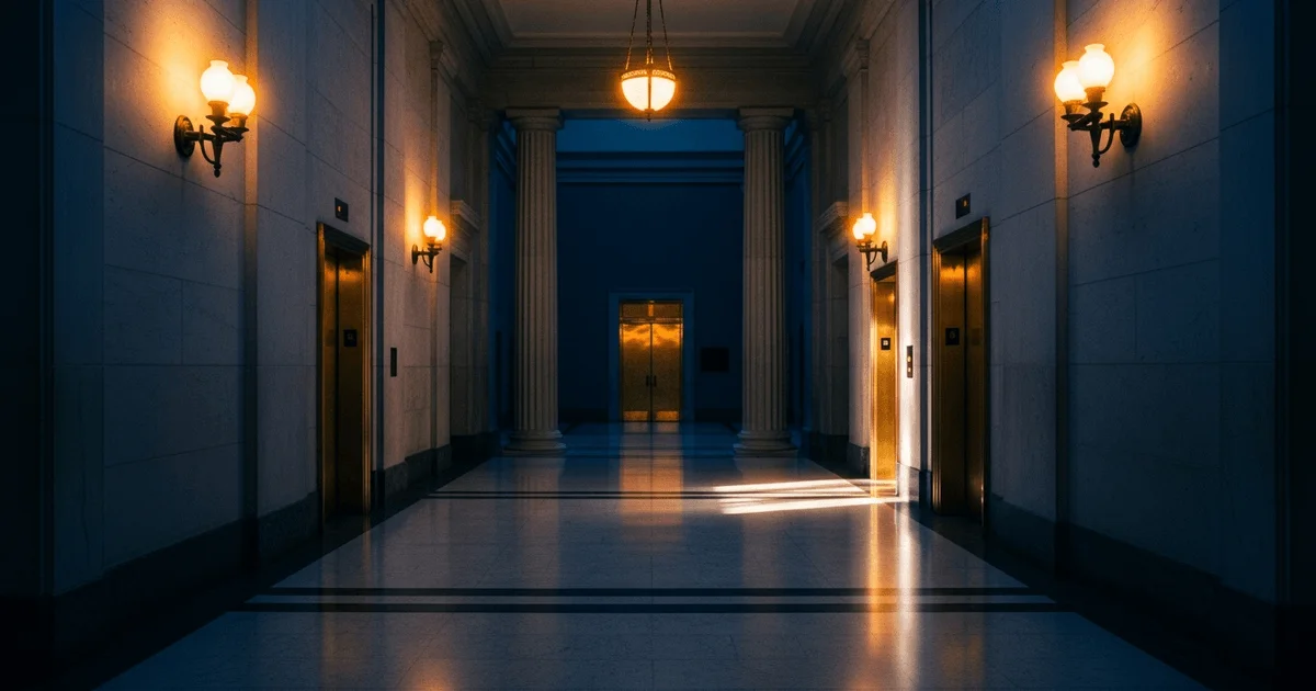Empty federal courthouse hallway at dusk, marble floor reflecting amber sconce light